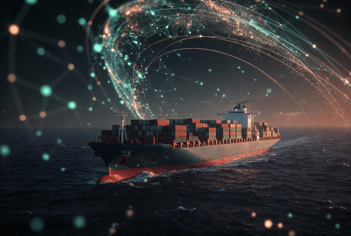 Container ship traced by trade-route arcs — entity, vessel, and route profile