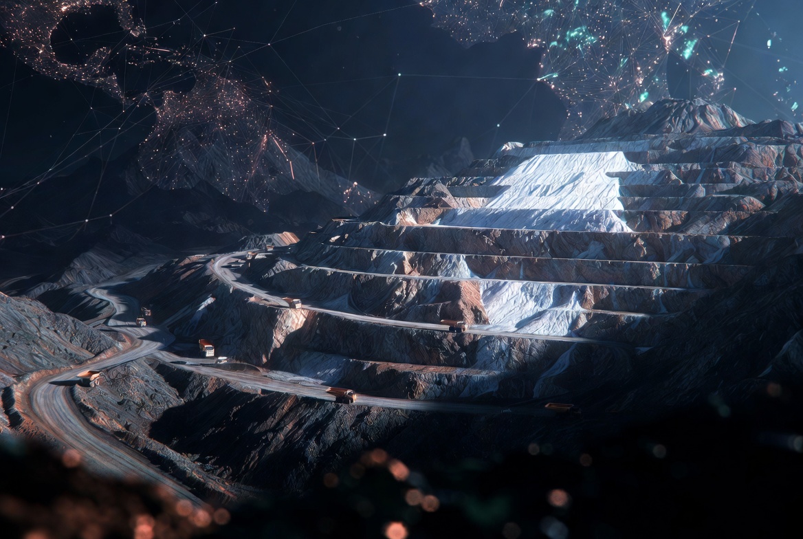 Terraced open-pit mine at night traced by a supply network — layered exposure